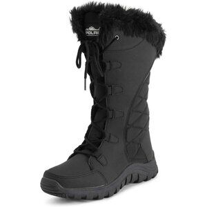 Womens Black Quilted Faux Fur Cuff Winter Duck Boots with Rubber Sole